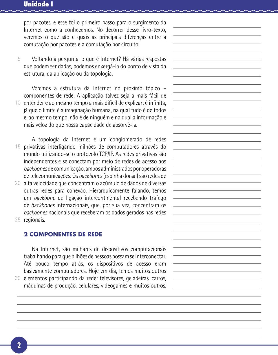 Há várias respostas que podem ser dadas, podemos enxergá-la do ponto de vista da estrutura, da aplicação ou da topologia. Veremos a estrutura da Internet no próximo tópico componentes de rede.