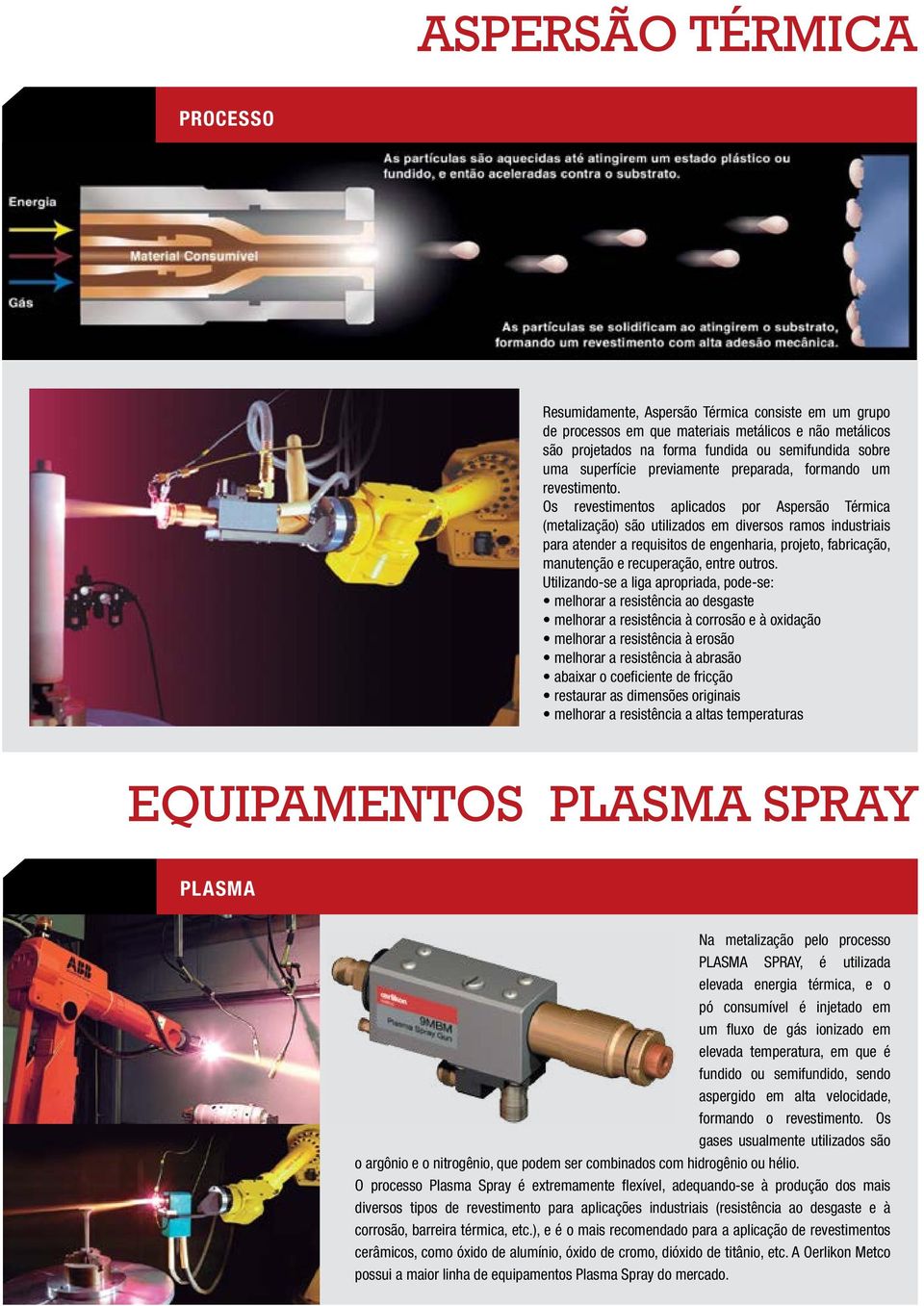 Os revestimentos aplicados por Aspersão Térmica (metalização) são utilizados em diversos ramos industriais para atender a requisitos de engenharia, projeto, fabricação, manutenção e recuperação,