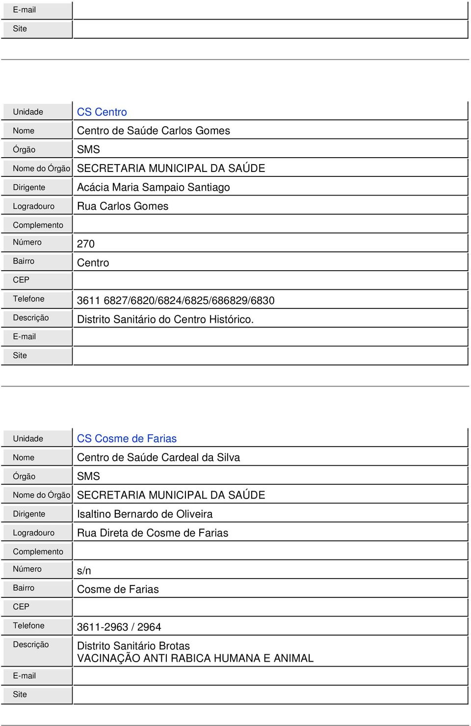 CS Cosme de Farias Centro de Saúde Cardeal da Silva do SECRETARIA MUNICIPAL DA SAÚDE Isaltino Bernardo de Oliveira