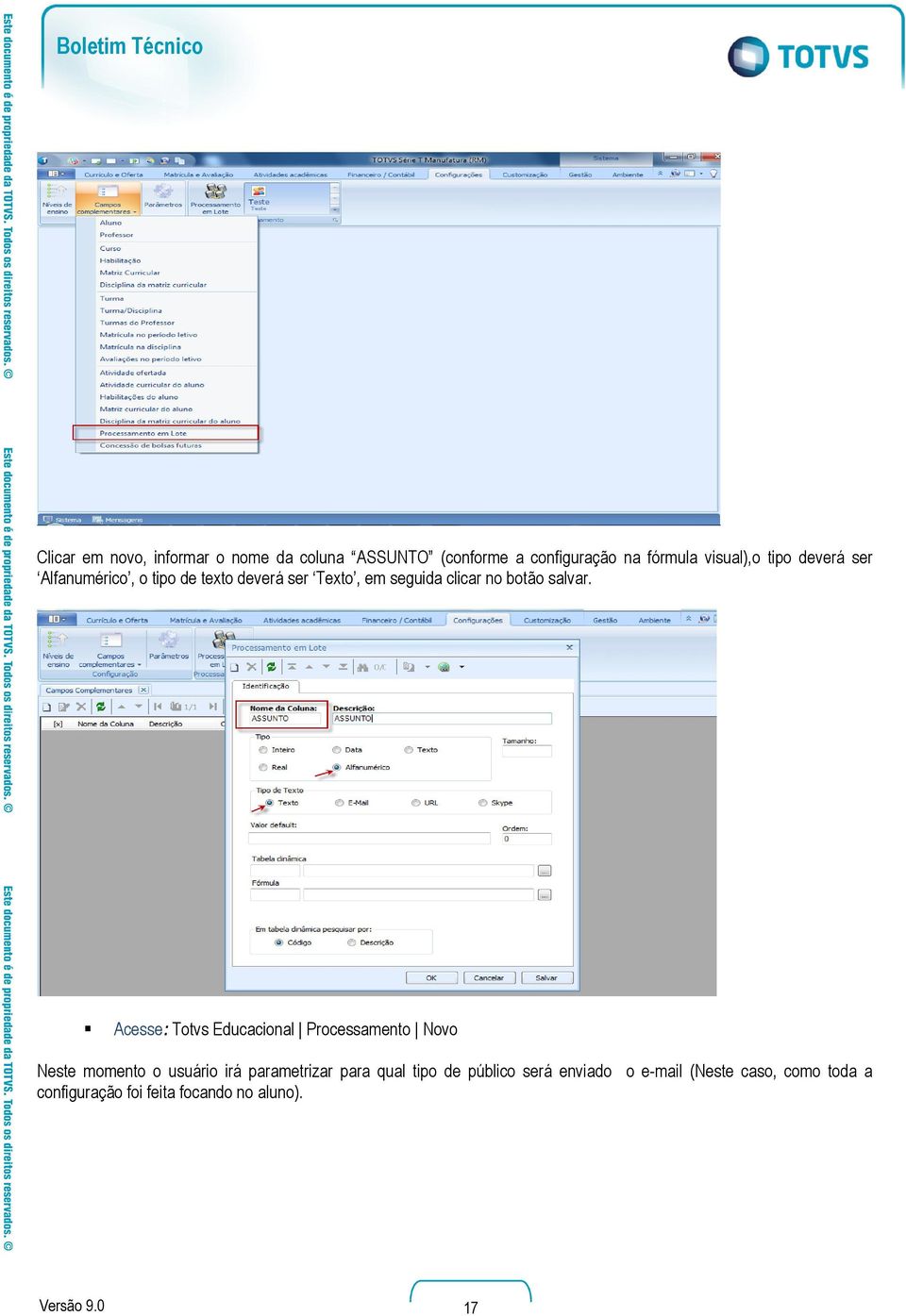 Acesse: Totvs Educacional Processamento Novo Neste momento o usuário irá parametrizar para qual tipo