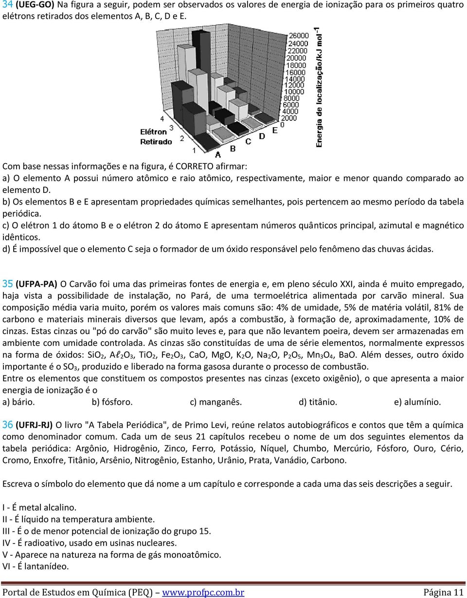 b) Os elementos B e E apresentam propriedades químicas semelhantes, pois pertencem ao mesmo período da tabela periódica.