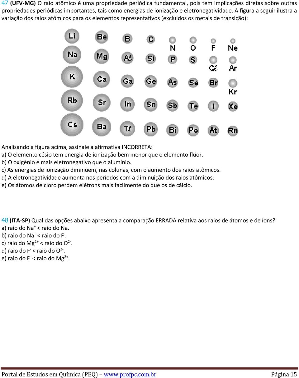 césio tem energia de ionização bem menor que o elemento flúor. b) O oxigênio é mais eletronegativo que o alumínio. c) As energias de ionização diminuem, nas colunas, com o aumento dos raios atômicos.