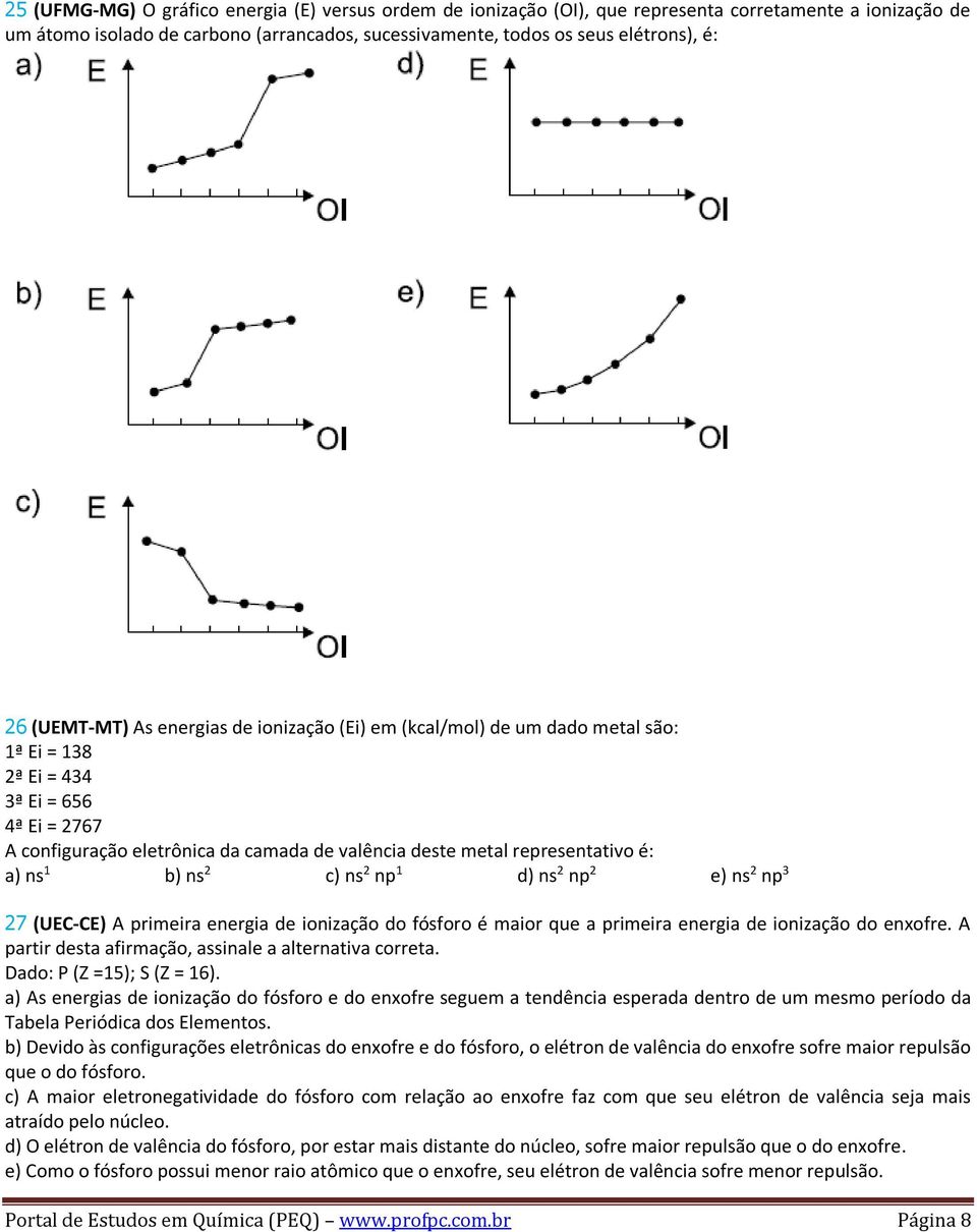 é: a) ns 1 b) ns 2 c) ns 2 np 1 d) ns 2 np 2 e) ns 2 np 3 27 (UEC-CE) A primeira energia de ionização do fósforo é maior que a primeira energia de ionização do enxofre.