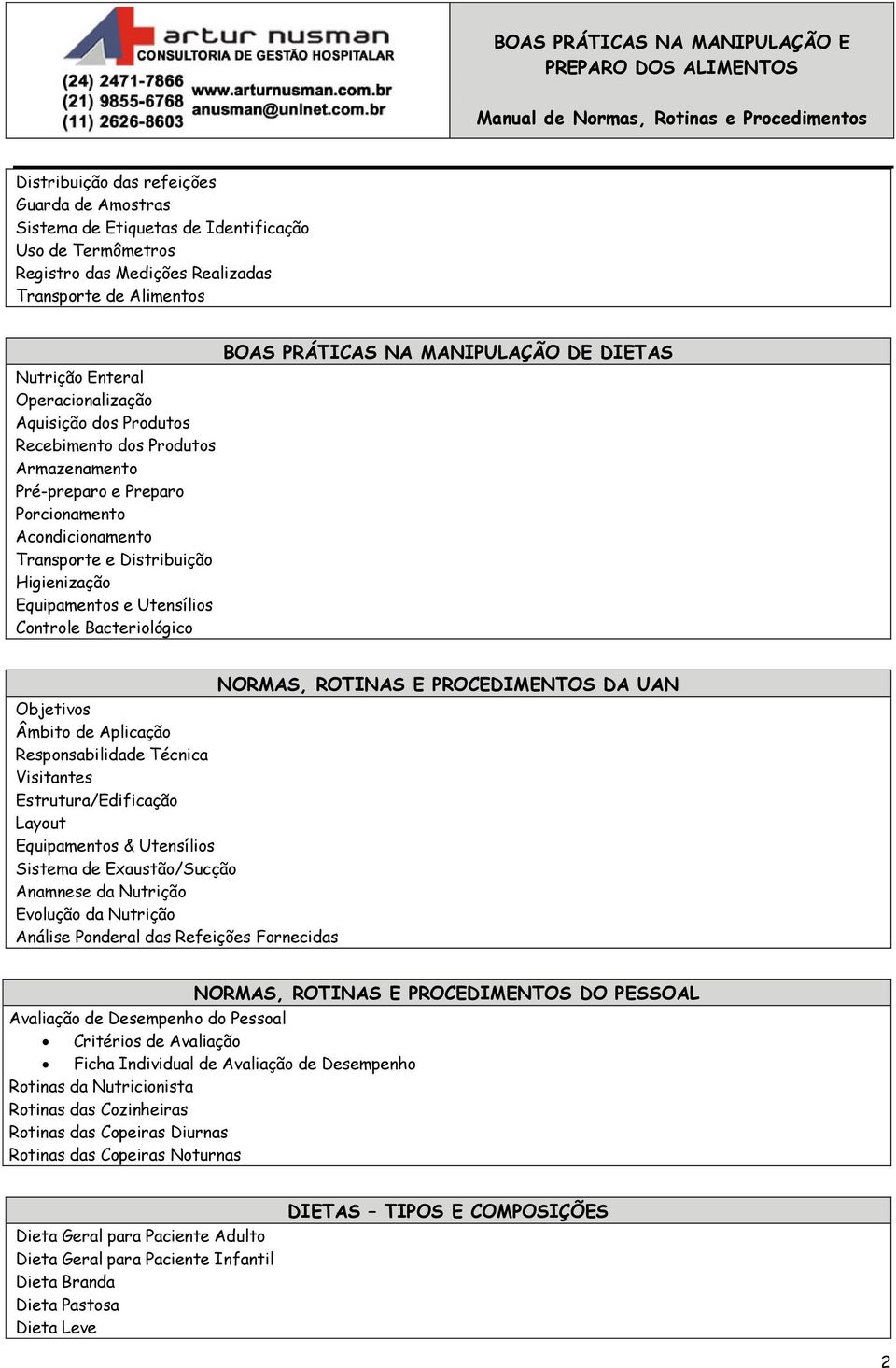 PRÁTICAS NA MANIPULAÇÃO DE DIETAS NORMAS, ROTINAS E PROCEDIMENTOS DA UAN Objetivos Âmbito de Aplicação Responsabilidade Técnica Visitantes Estrutura/Edificação Layout Equipamentos & Utensílios