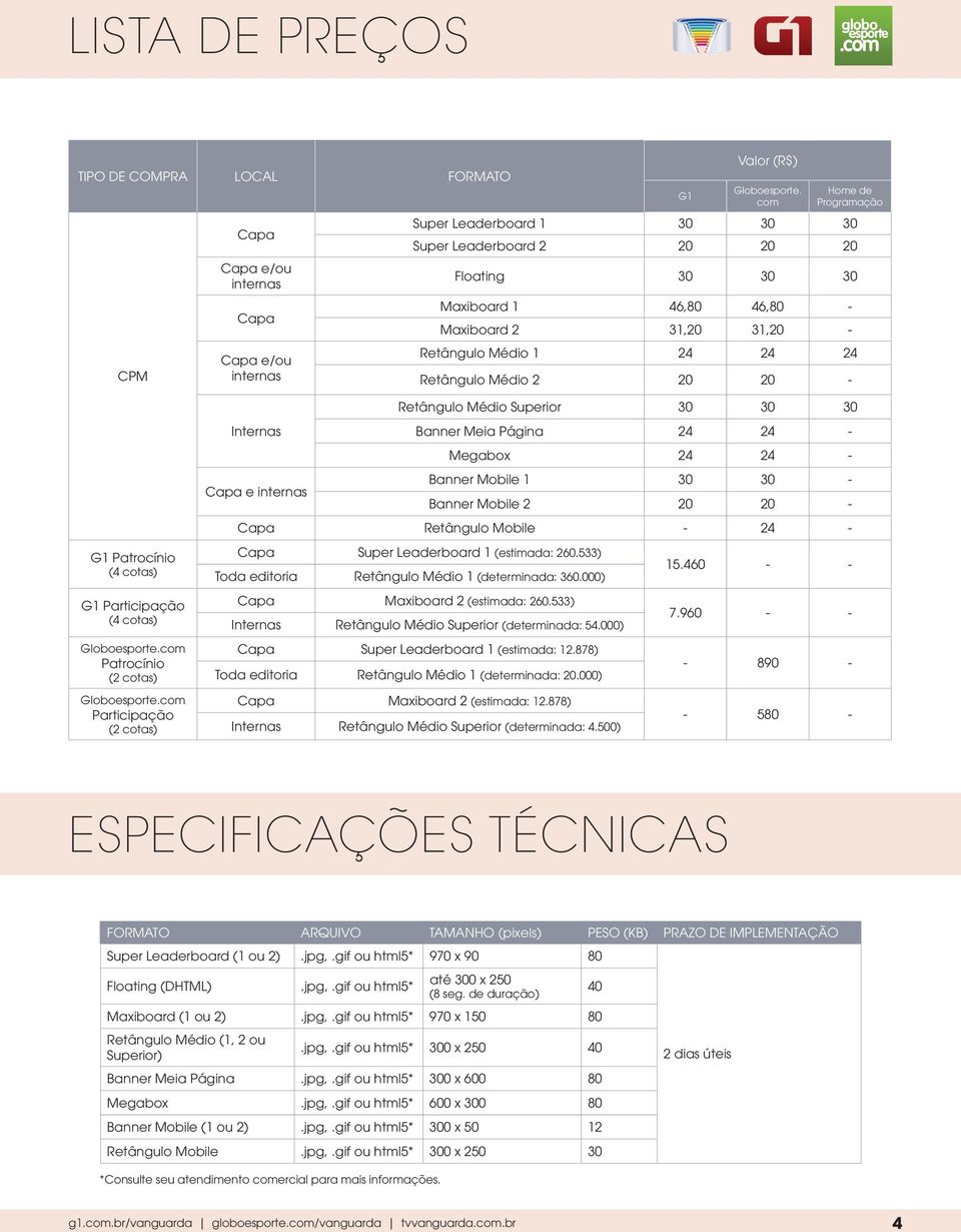 20 - Retângulo Médio Superior 30 30 30 Banner Meia Página 24 24 - Megabox 24 24 - Banner Mobile 1 30 30 - Banner Mobile 2 20 20 - Capa Retângulo Mobile - 24 - G1 Patrocínio (4 cotas) G1 Participação