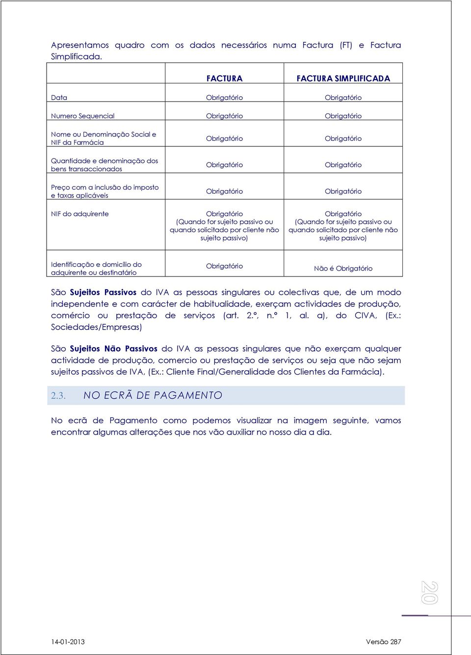 bens transaccionados Obrigatório Obrigatório Preço com a inclusão do imposto e taxas aplicáveis Obrigatório Obrigatório NIF do adquirente Obrigatório (Quando for sujeito passivo ou quando solicitado