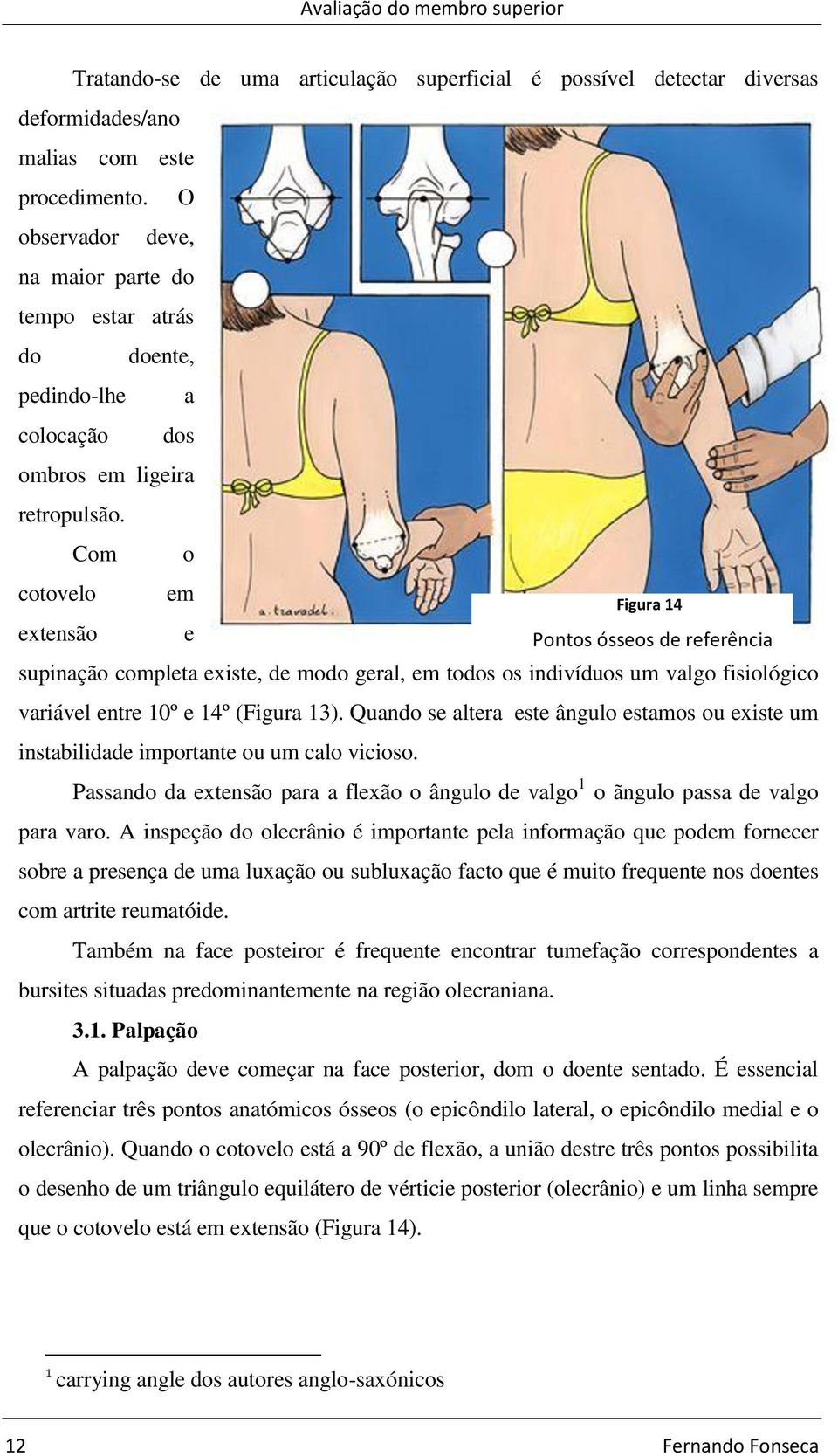 Com o cotovelo em extensão e Figura 14 Pontos ósseos de referência supinação completa existe, de modo geral, em todos os indivíduos um valgo fisiológico variável entre 10º e 14º (Figura 13).