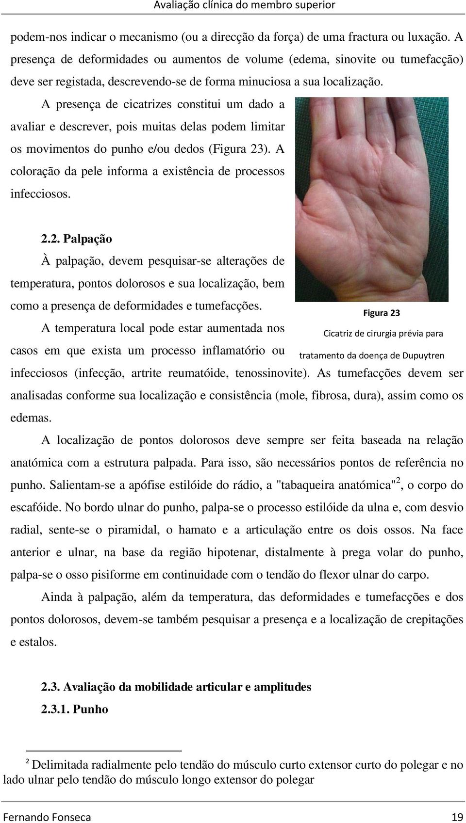 A presença de cicatrizes constitui um dado a avaliar e descrever, pois muitas delas podem limitar os movimentos do punho e/ou dedos (Figura 23).