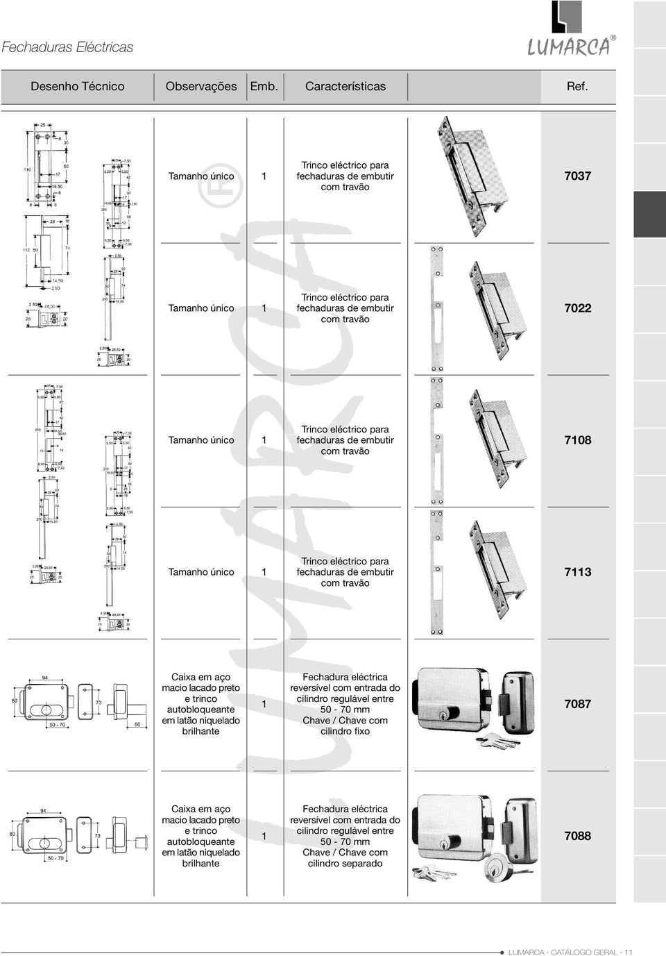 em latão niquelado brilhante Fechadura eléctrica reversível com entrada do cilindro regulável entre 50 70 mm Chave / Chave com cilindro fixo 7087 Caixa em aço macio lacado preto e trinco