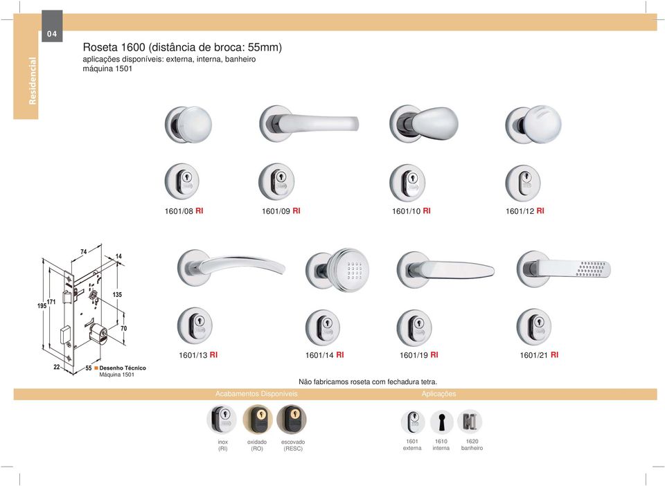1601/14 RI 1601/19 RI 1601/21 RI Máquina 1501 Não fabricamos roseta com fechadura tetra.