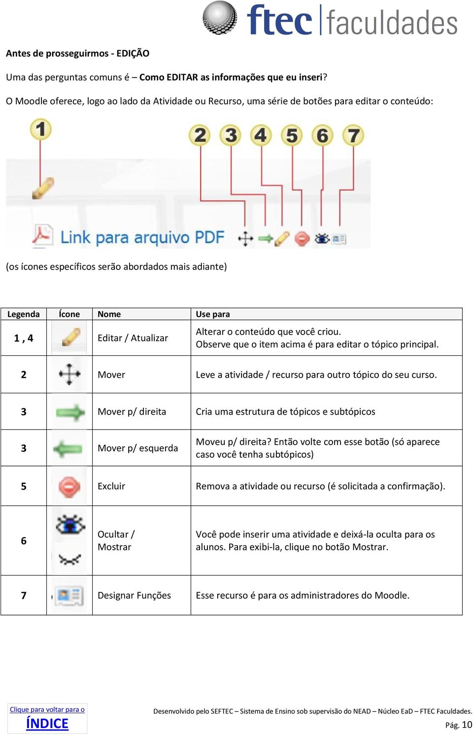 Atualizar Alterar o conteúdo que você criou. Observe que o item acima é para editar o tópico principal. 2 Mover Leve a atividade / recurso para outro tópico do seu curso.