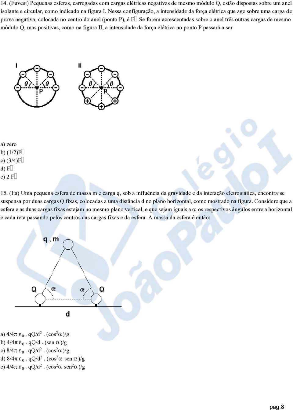 Se forem acrescentadas sobre o anel três outras cargas de mesmo módulo Q, mas positivas, como na figura II, a intensidade da força elétrica no ponto P passará a ser a) zero b) (1/2)F c) (3/4)F d) F