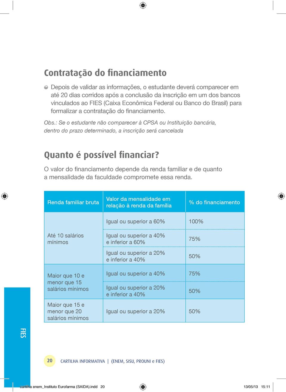 : Se o estudante não comparecer à CPSA ou Instituição bancária, dentro do prazo determinado, a inscrição será cancelada Quanto é possível financiar?