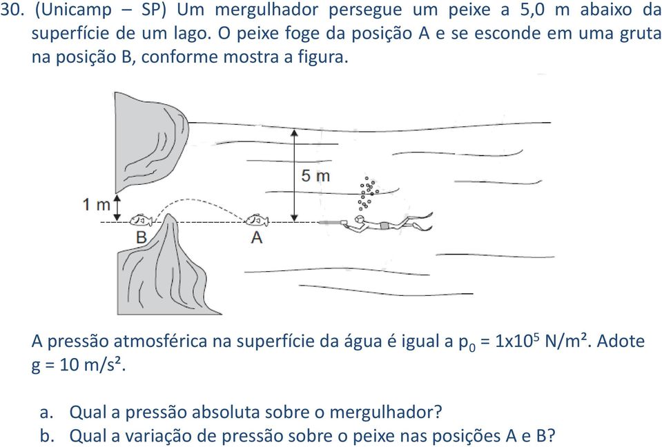 A pressão atmosférica na superfície da água é igual a p 0 = 1x10 5 N/m². Adote g = 10 m/s². a. Qual a pressão absoluta sobre o mergulhador?