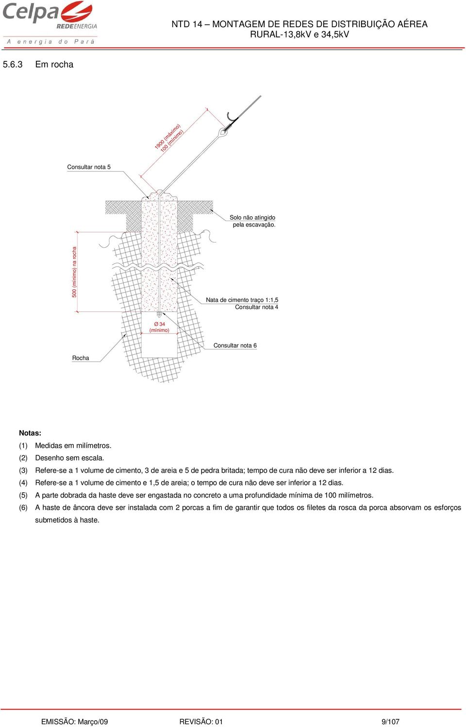 (3) Refere-se a 1 volume de cimento, 3 de areia e 5 de pedra britada; tempo de cura não deve ser inferior a 12 dias.