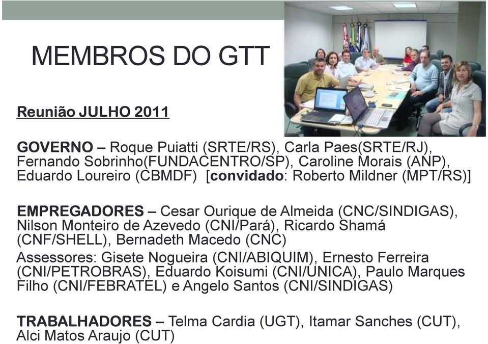 (CNI/Pará), Ricardo Shamá (CNF/SHELL), Bernadeth Macedo (CNC) Assessores: Gisete Nogueira (CNI/ABIQUIM), Ernesto Ferreira (CNI/PETROBRAS), Eduardo