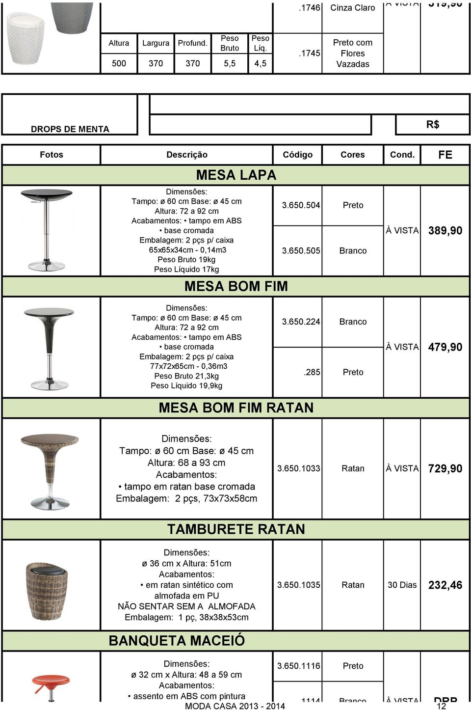 650.505 Branco 389,90 Tampo: ø 60 cm Base: ø 45 cm Altura: 72 a 92 cm tampo em ABS base cromada Embalagem: 2 pçs p/ caixa 77x72x65cm - 0,36m3 Peso Bruto 21,3kg Peso Líquido 19,9kg 3.650.224 Branco.