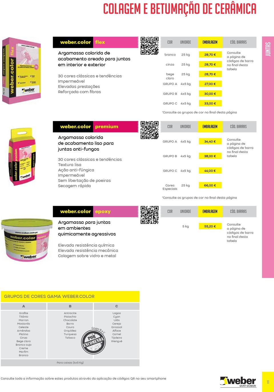 bege kg 8,70 claro GRUPO A 4x kg 7,00 GRUPO B 4x kg 30,00 Consulte a página de códigos de barra no final desta tabela JUNTAS GRUPO C 4x kg 33,00 *Consulte os grupos de cor no final desta página weber.