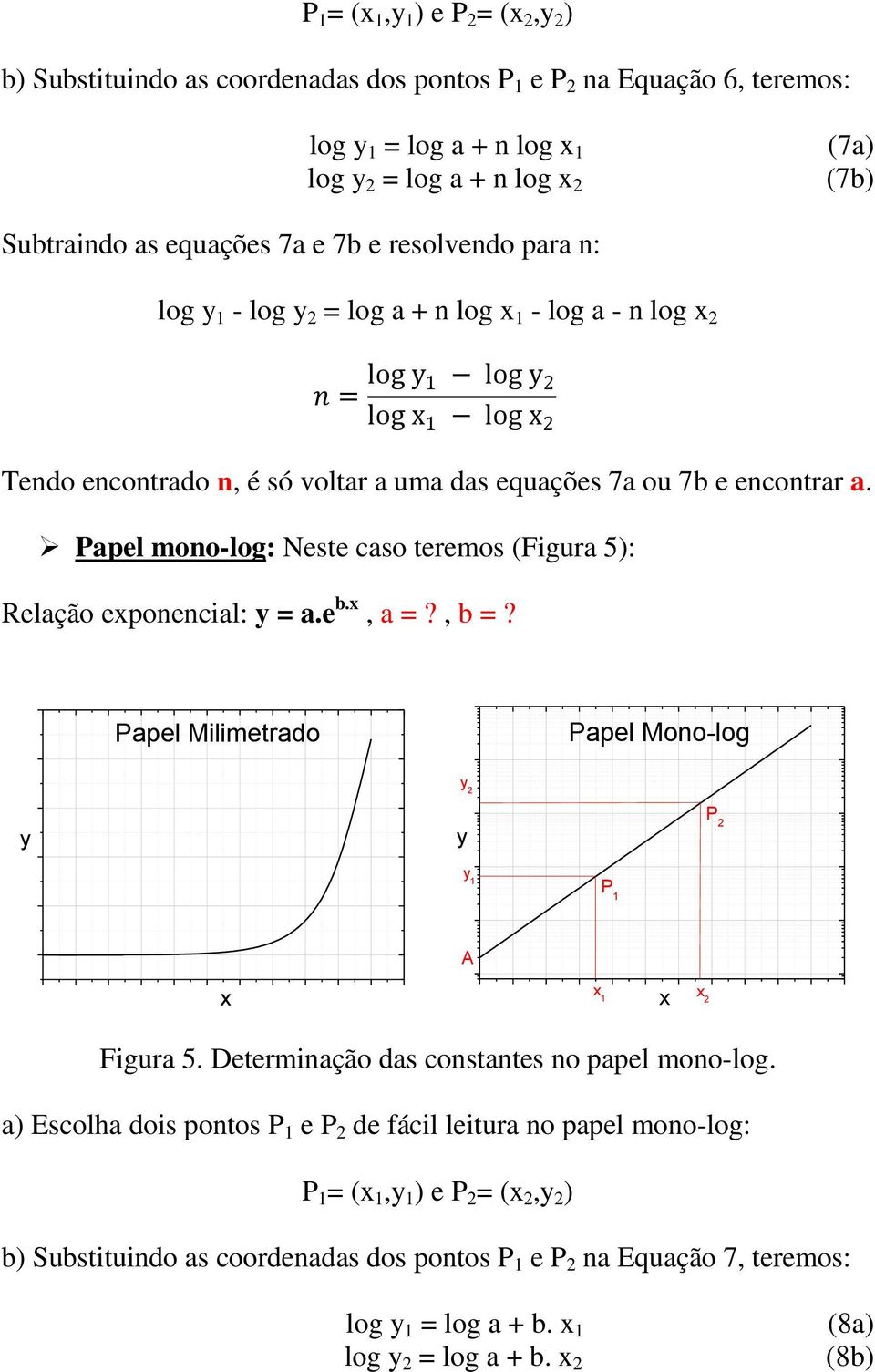 Papel mono-log: Neste caso teremos (Figura 5): Relação exponencial: y = a.e b.x, a =?, b =? Papel Milimetrado Papel Mono-log y 2 y y P 2 y 1 P 1 A x x 1 x 2 x y 1 y Figura 5.