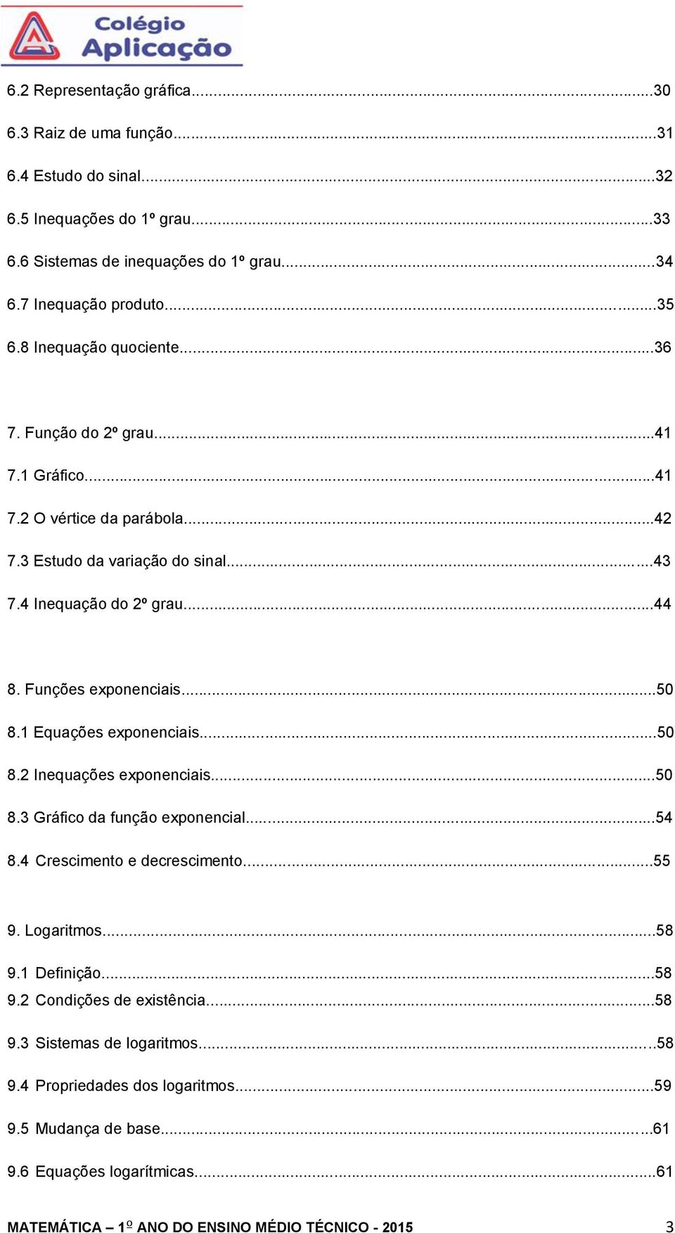 ..50 8.1 Equações eponenciais...50 8. Inequações eponenciais...50 8.3 Gráfico da função eponencial...54 8.4 Crescimento e decrescimento...55 9. Logaritmos...58 9.1 Definição...58 9. Condições de eistência.