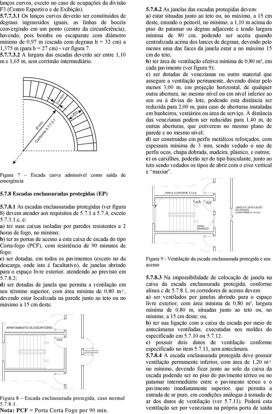 mínimo de 0,97 m (escada com degraus b = cm) a,75 m (para b = 7 cm) ver figura 7. 5.7.7.. A largura das escadas deverão ser entre,0 m e,65 m, sem corrimão intermediário. Ø mín. Conforme 5.7.7.. Figura 7 Escada curva admissível como saída de emergência 5.