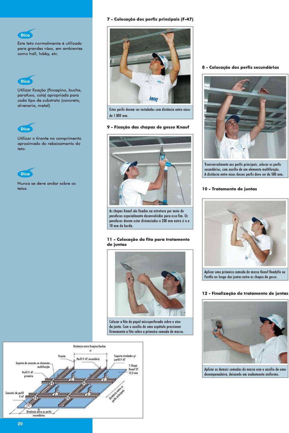 Estes perfis devem ser instalados com distância entre eixos de 1.000 mm. 9 - Fixação das chapas de gesso Knauf Utilizar o tirante no comprimento aproximado do rebaixamento do teto.