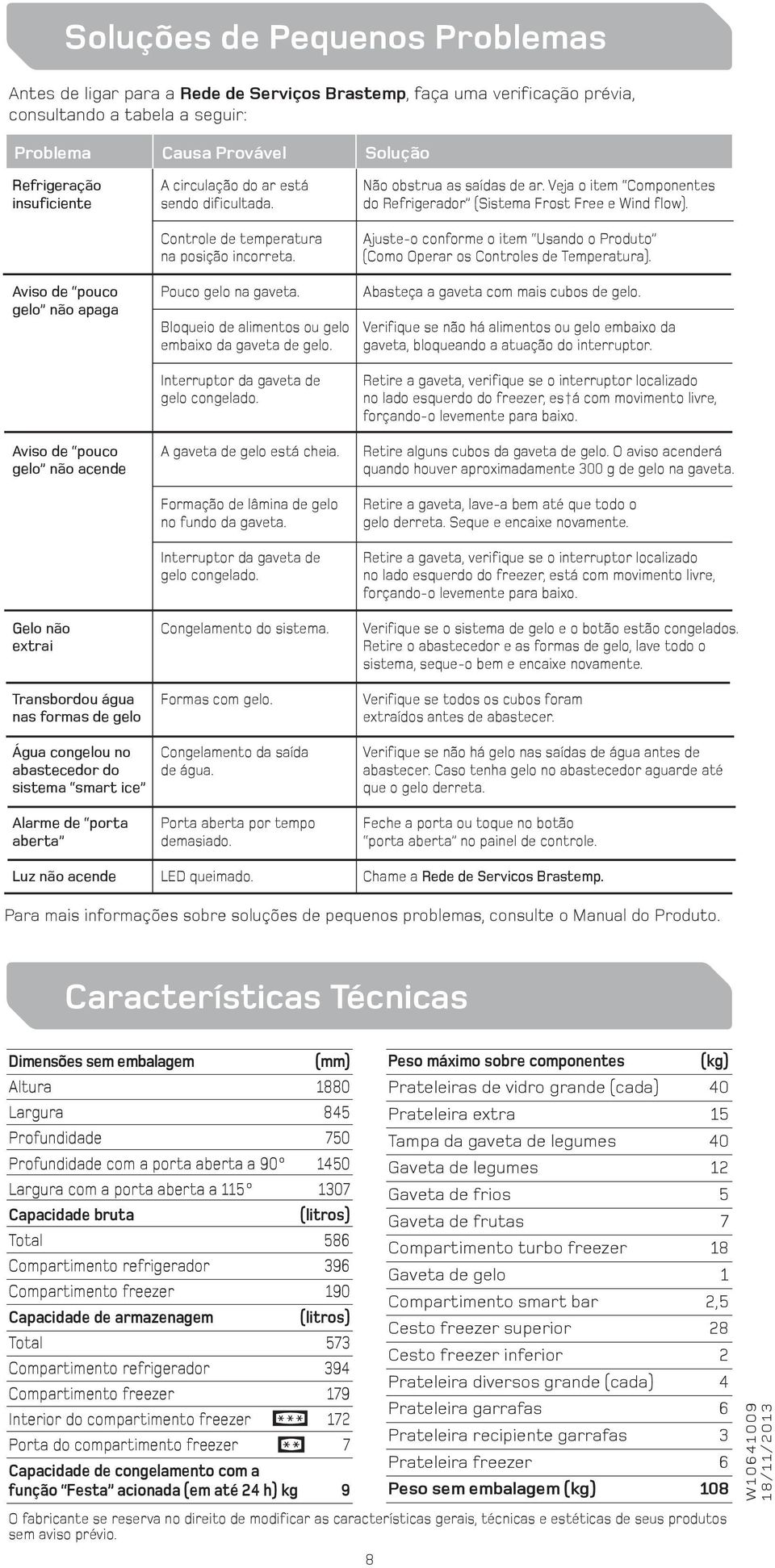 Controle de temperatura na posição incorreta. Pouco gelo na gaveta. Bloqueio de alimentos ou gelo embaixo da gaveta de gelo. Interruptor da gaveta de gelo congelado. A gaveta de gelo está cheia.