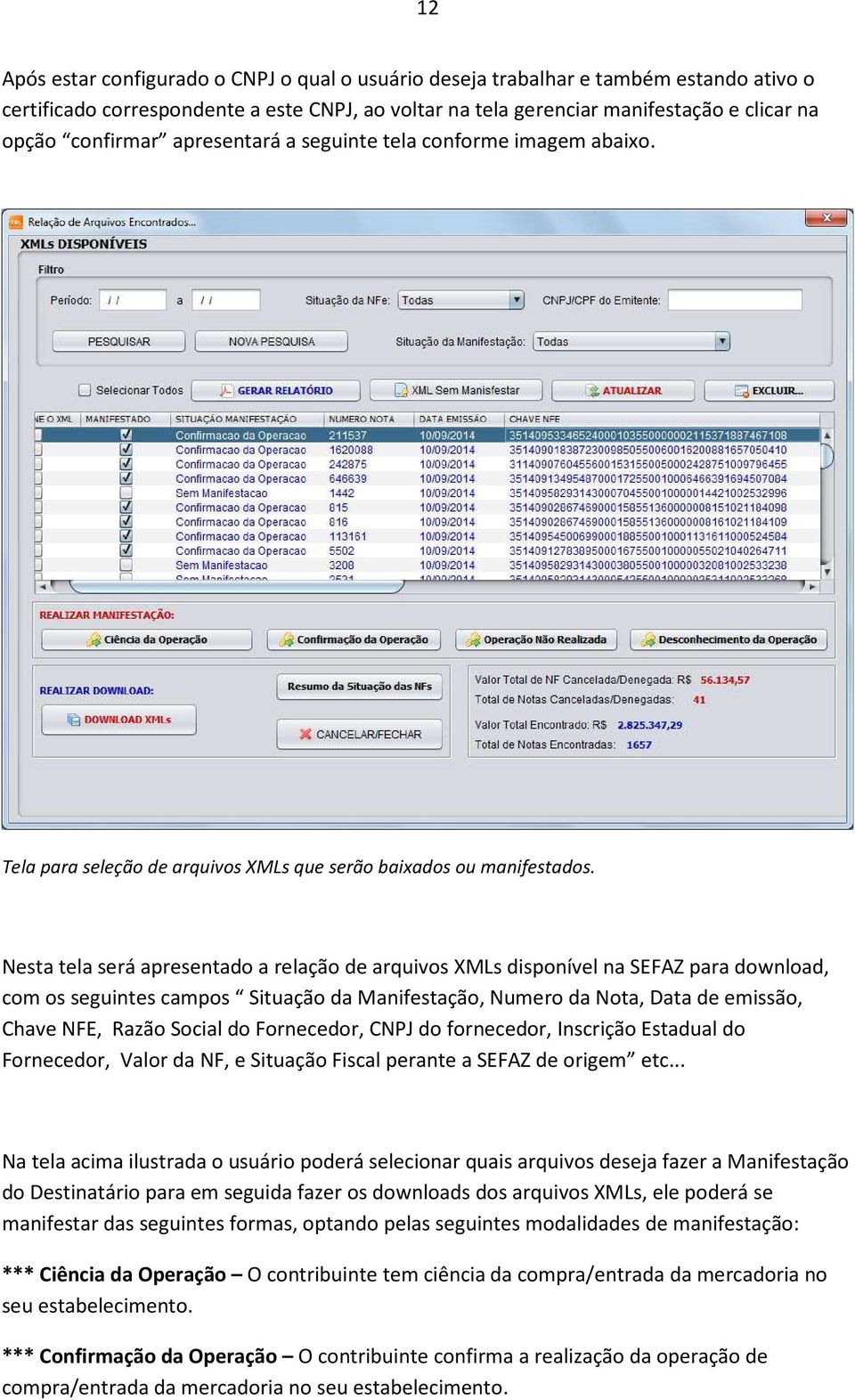 Nesta tela será apresentado a relação de arquivos XMLs disponível na SEFAZ para download, com os seguintes campos Situação da Manifestação, Numero da Nota, Data de emissão, Chave NFE, Razão Social do