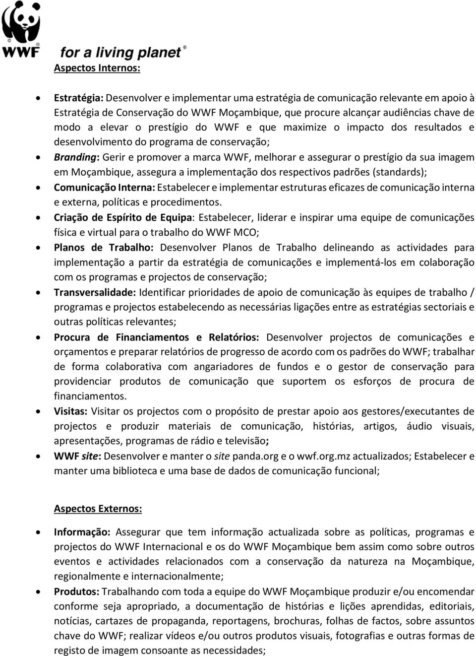 imagem em Moçambique, assegura a implementação dos respectivos padrões (standards); Comunicação Interna: Estabelecer e implementar estruturas eficazes de comunicação interna e externa, políticas e