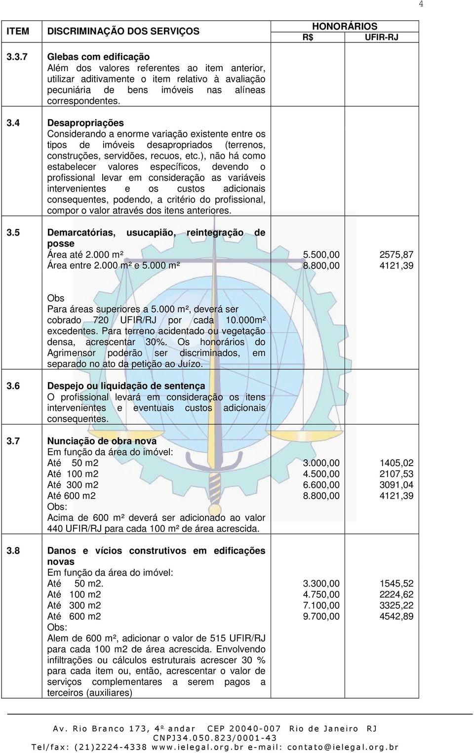 compor o valor através dos itens anteriores. 3.5 Demarcatórias, usucapião, reintegração de posse Área até 2.000 m² Área entre 2.000 m² e 5.000 m² 5.500,00 8.