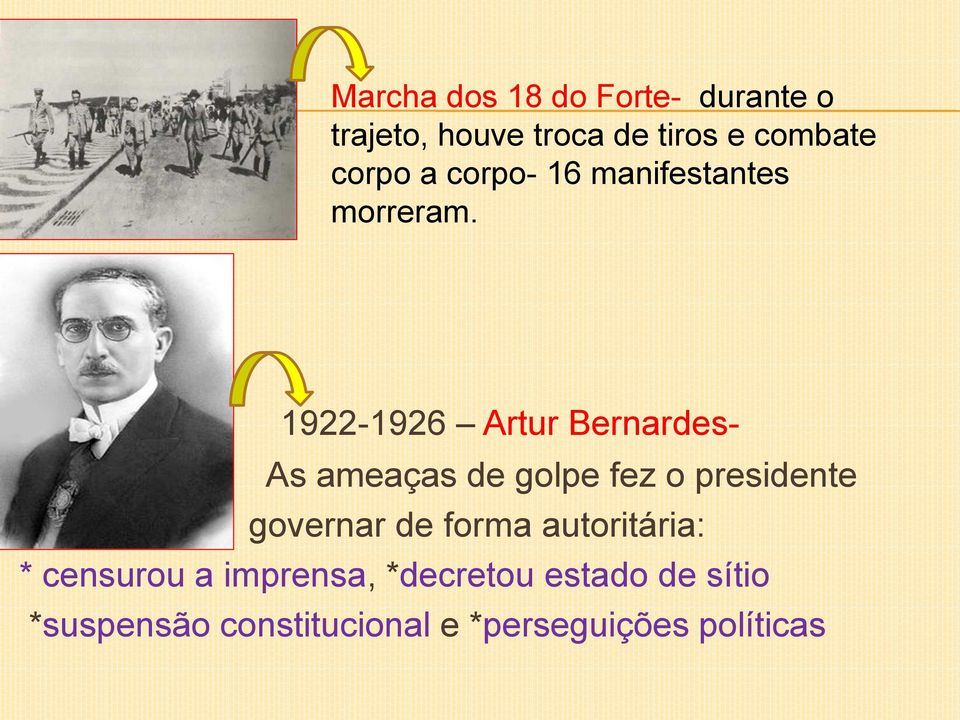 1922-1926 Artur Bernardes- As ameaças de golpe fez o presidente governar de