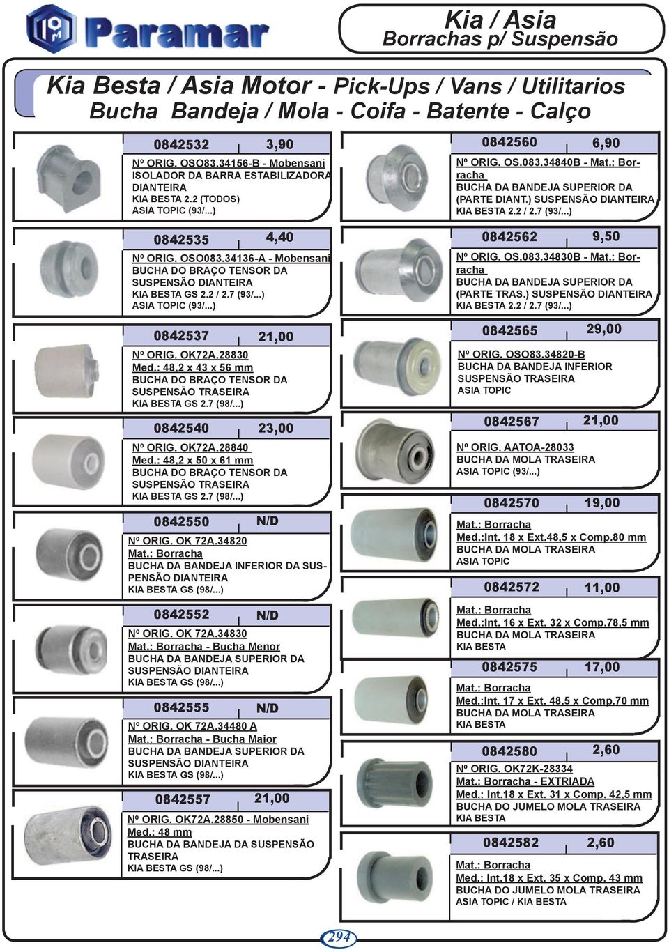 2 / 2.7 (93/...) 0842535 Nº ORIG. OSO083.34136-A - Mobensani BUCHA DO BRAÇO TENSOR DA SUSPENSÃO KIA BESTA GS 2.2 / 2.7 (93/...) ASIA TOPIC (93/...) 0842537 Nº ORIG. OK72A.28830 Med.