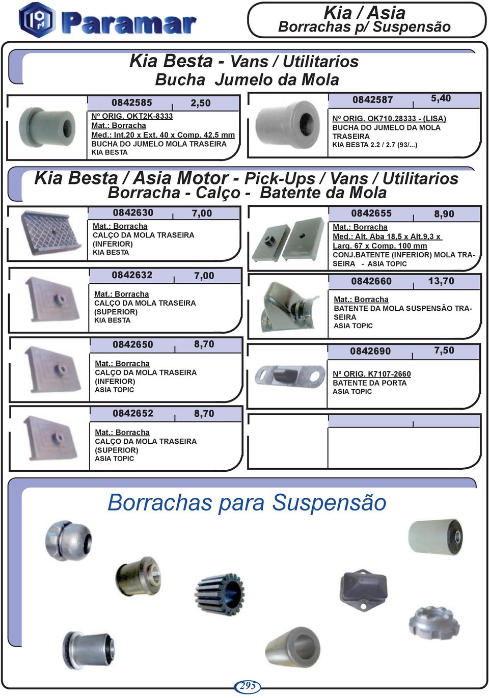 ..) Kia Besta / Asia Motor - Pick-Ups / Vans / Utilitarios Borracha - Calço - Batente da Mola 0842630 7,00 CALÇO DA MOLA (INFERIOR) KIA BESTA 0842632 CALÇO DA MOLA (SUPERIOR) KIA BESTA 7,00 0842655 Med.