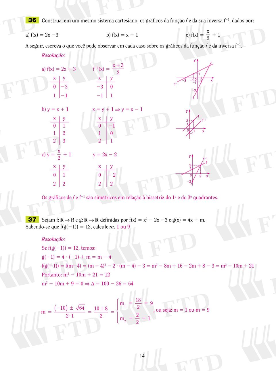 a) f() 5 f () 5 f f b) 5 5 5 f f c) 5 5 f f Os gráficos de f e f são simétricos em relação à bissetriz do o e do o quadrantes.