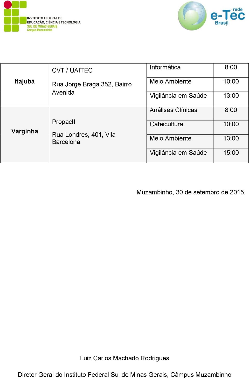 Cafeicultura Meio Ambiente 13:00 Vigilância em Saúde 15:00 Muzambinho, 30 de setembro de 2015.
