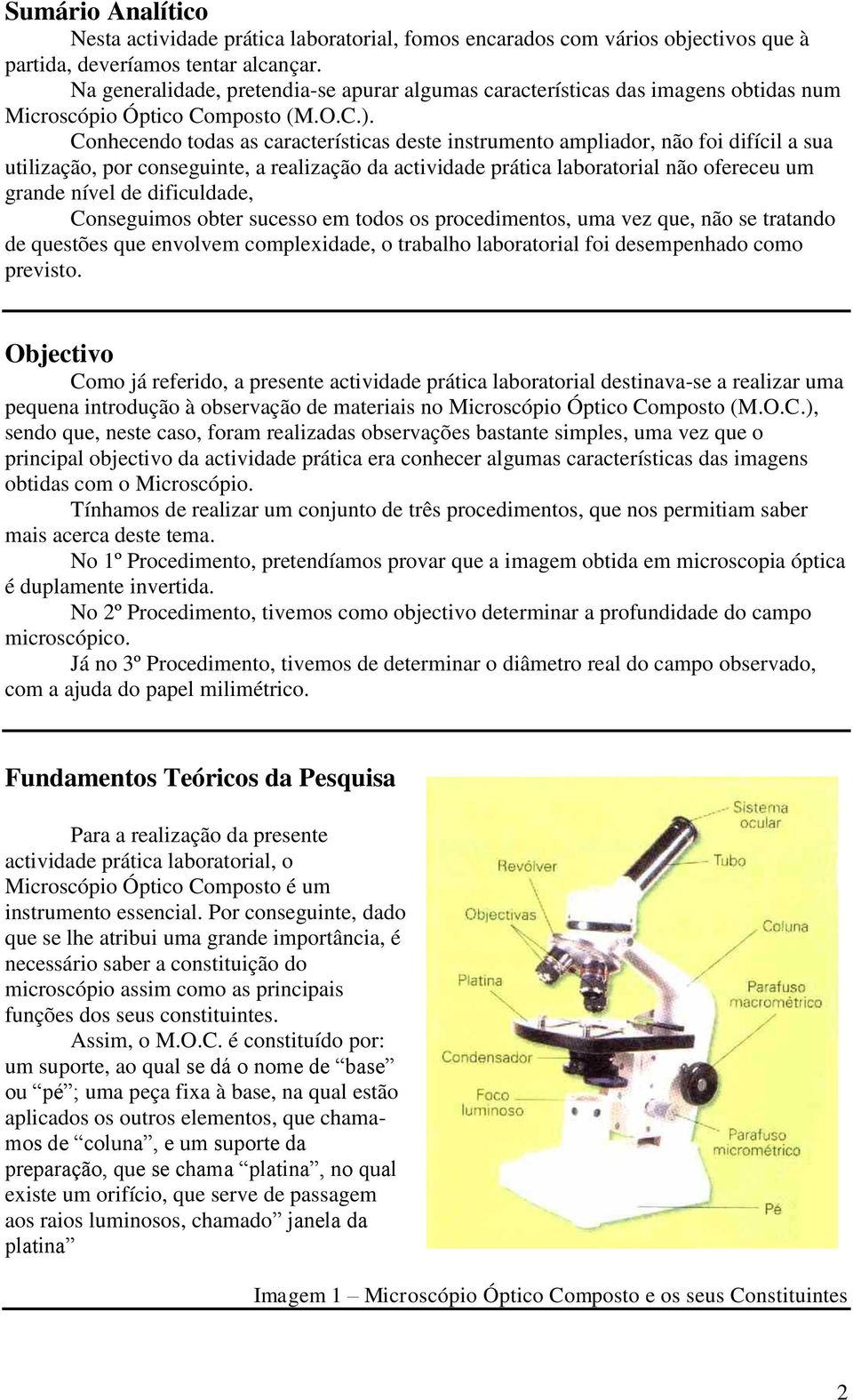 Conhecendo todas as características deste instrumento ampliador, não foi difícil a sua utilização, por conseguinte, a realização da actividade prática laboratorial não ofereceu um grande nível de