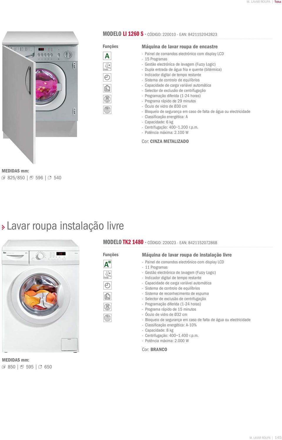 centrifugação Programação diferida (124 horas) Programa rápido de 29 minutos Óculo de vidro de Ø30 cm loqueio de segurança em caso de falta de água ou electricidade Classifi cação energética: