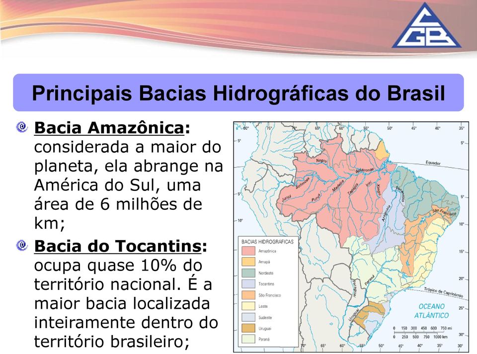 milhões de km; Bacia do Tocantins: ocupa quase 10% do território