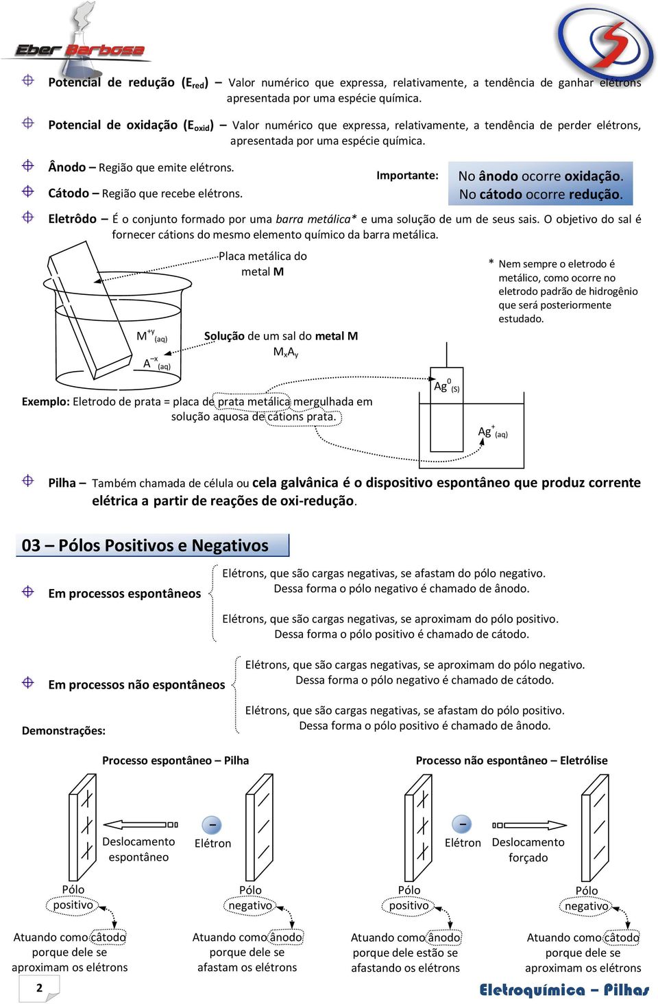 Cátodo Região que recebe elétrons. Importante: No ânodo ocorre oxidação. No cátodo ocorre redução. Eletrôdo É o conjunto formado por uma barra metálica* e uma solução de um de seus sais.