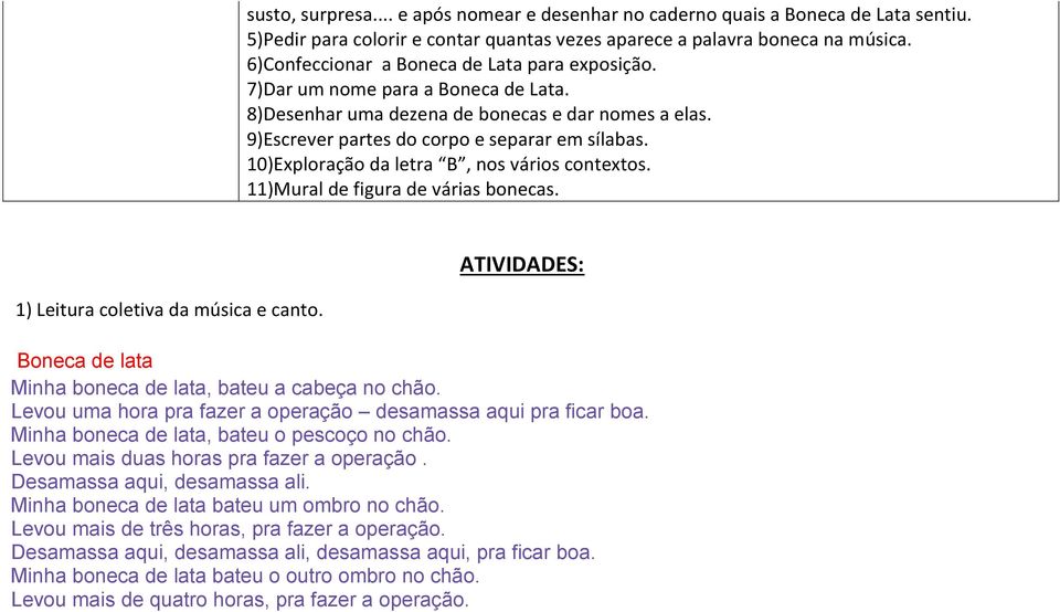 10)Exploração da letra B, nos vários contextos. 11)Mural de figura de várias bonecas. 1) Leitura coletiva da música e canto. ATIVIDADES: Boneca de lata Minha boneca de lata, bateu a cabeça no chão.