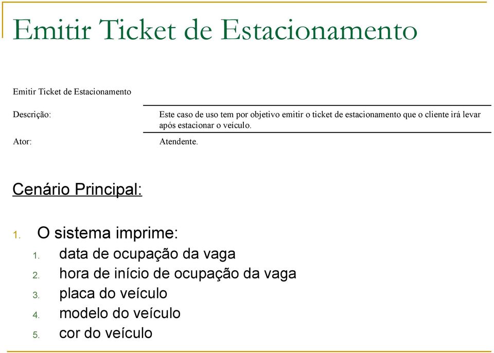 estacionar o veículo. Atendente. Cenário Principal: 1. O sistema imprime: 1.