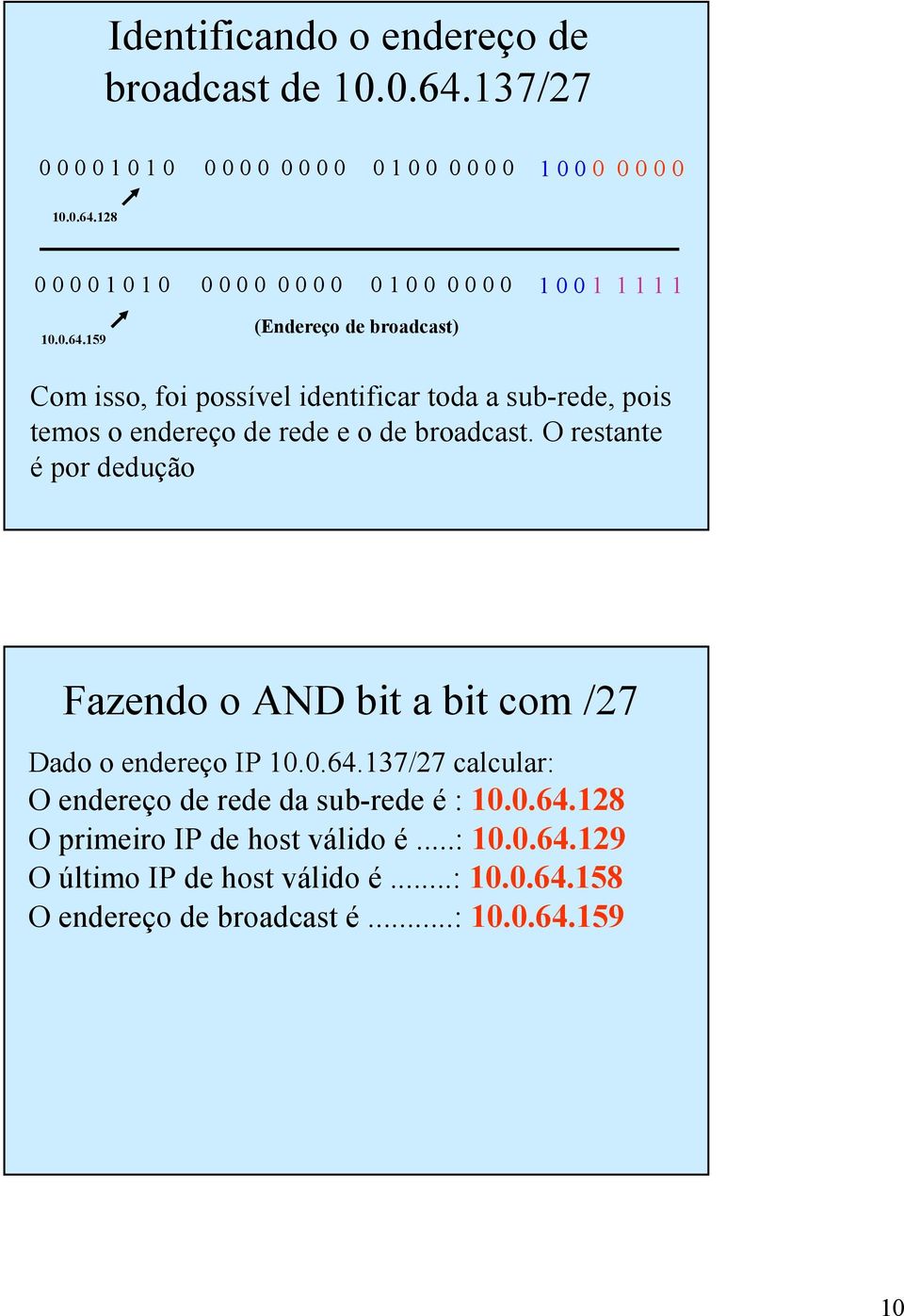 159 (Endereço de broadcast) 1 0 0 1 1 1 1 1 Com isso, foi possível identificar toda a sub-rede, pois temos o endereço