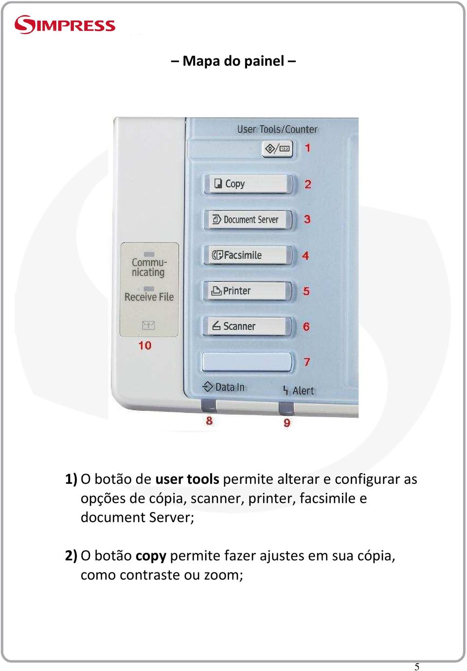 printer, facsimile e document Server; 2) O botão copy