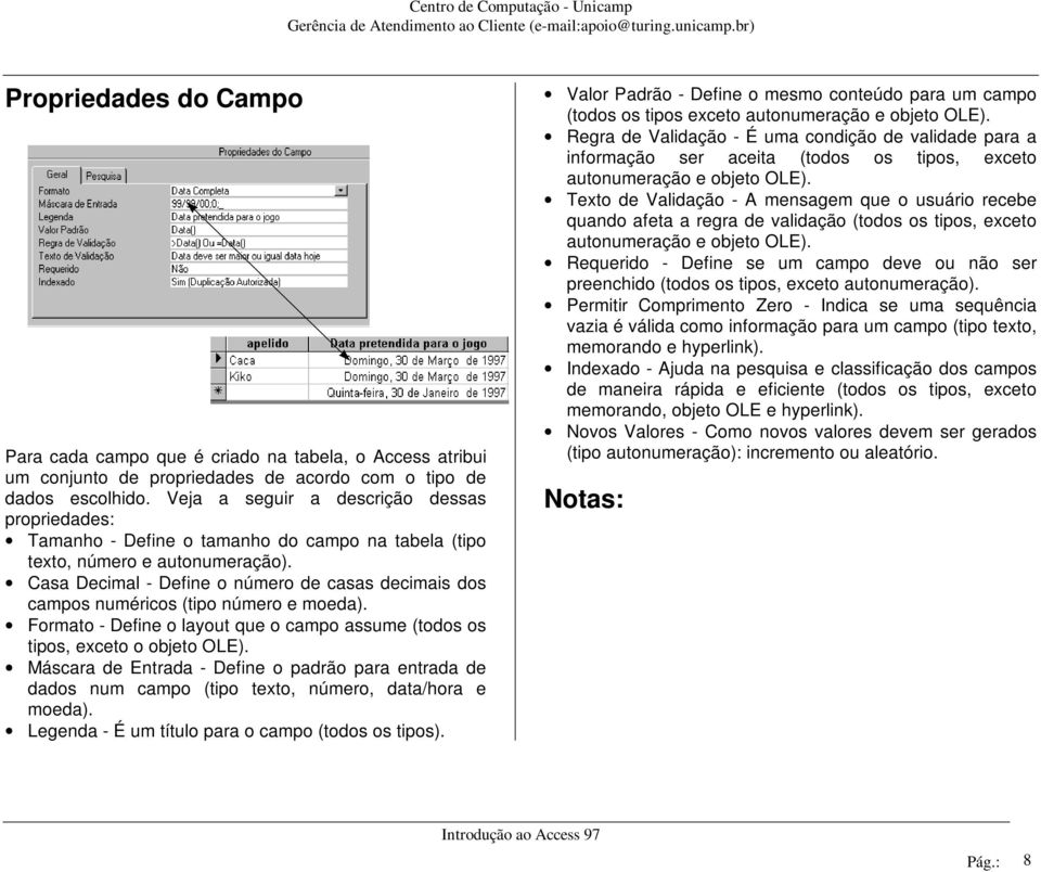 Casa Decimal - Define o número de casas decimais dos campos numéricos (tipo número e moeda). Formato - Define o layout que o campo assume (todos os tipos, exceto o objeto OLE).