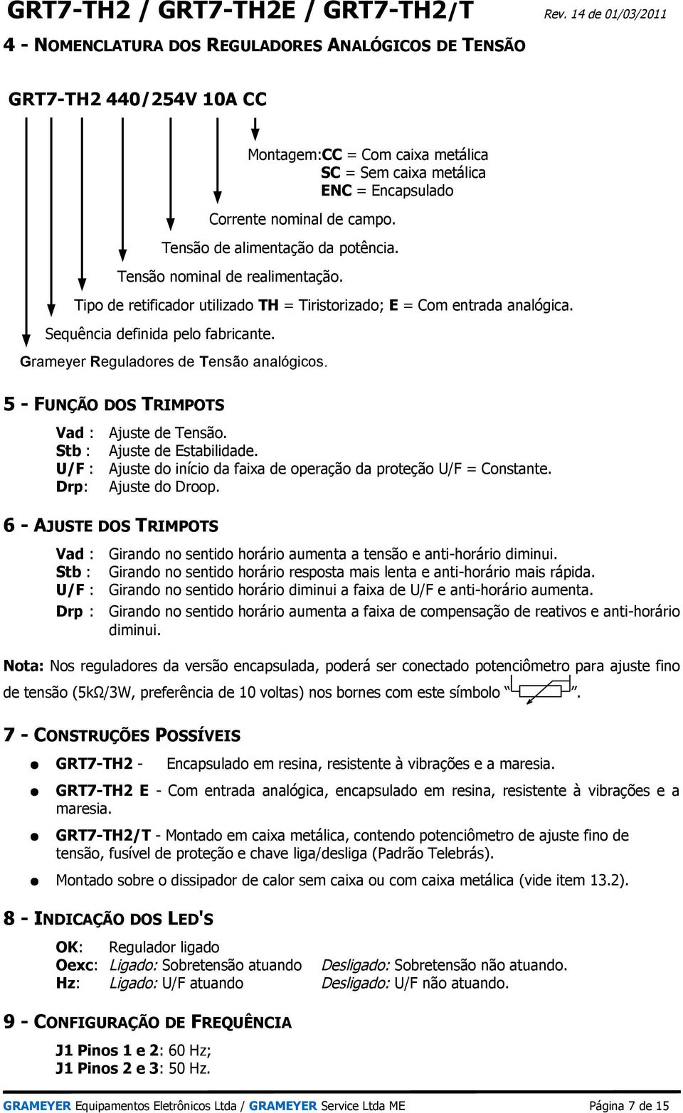 Grameyer Reguladores de Tensão analógicos. 5 - FUNÇÃO DOS TRIMPOTS Vad : Stb : U/F : Drp: Ajuste de Tensão. Ajuste de Estabilidade. Ajuste do início da faixa de operação da proteção U/F = Constante.