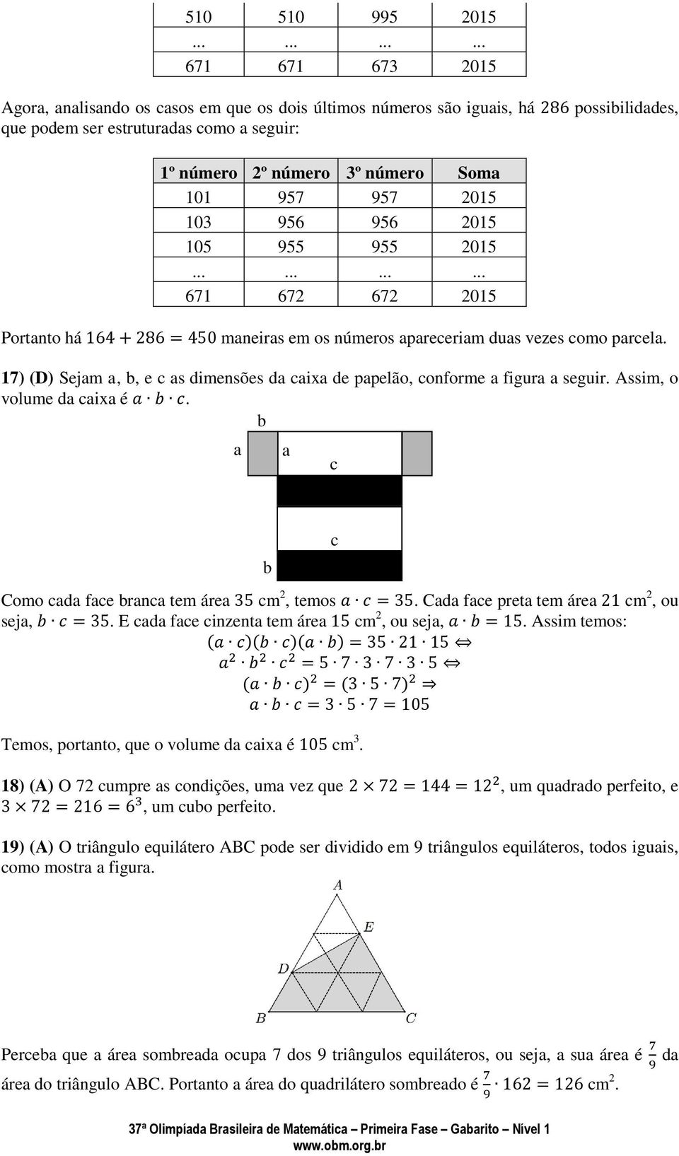 101 97 97 201 103 96 96 201 10 9 9 201............ 671 672 672 201 Portanto há 164 + 286 = 40 maneiras em os números apareceriam duas vezes como parcela.