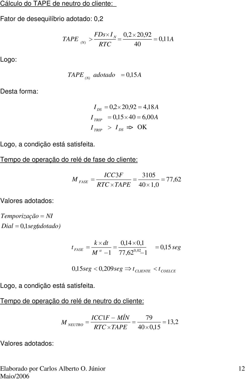 Tempo de operação do relé de fase do cliente: M FASE CC3F RTC TAPE 35 4, 77,62 Valores adotados: Temporização N Dial,seg (adotado) k dt,4,