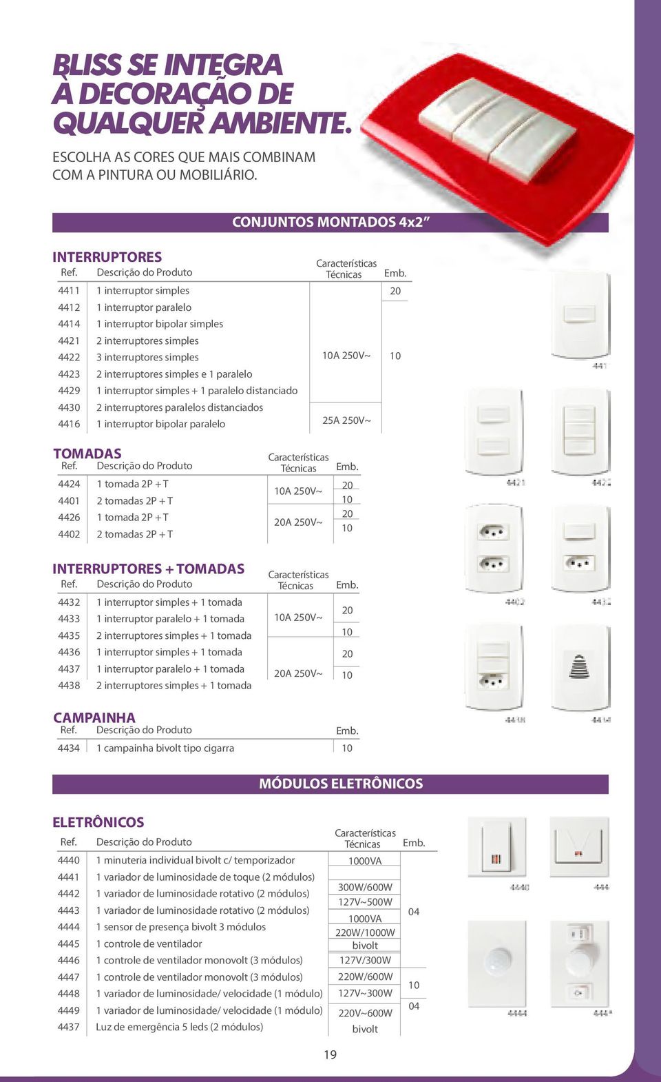 interruptor simples + 1 paralelo distanciado 4430 2 interruptores paralelos distanciados 4416 1 interruptor bipolar paralelo 10A 250V~ 25A 250V~ 10 TOMADAS Ref.