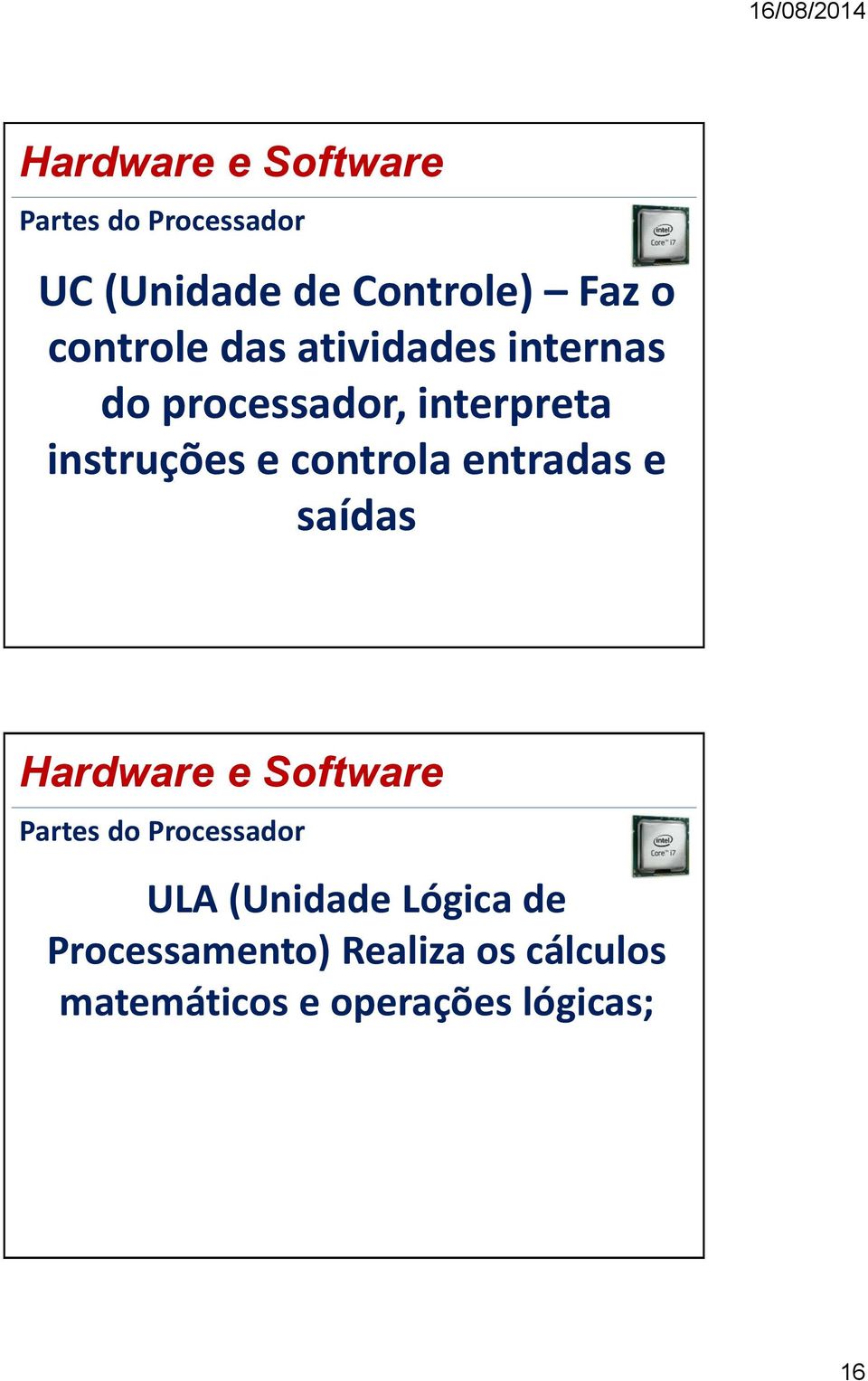 controla entradas e saídas Partes do Processador ULA (Unidade