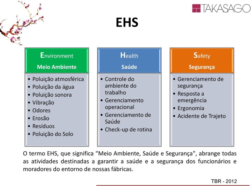 Gerenciamento de segurança Resposta a emergência Ergonomia Acidente de Trajeto O termo EHS, que significa Meio Ambiente, Saúde e